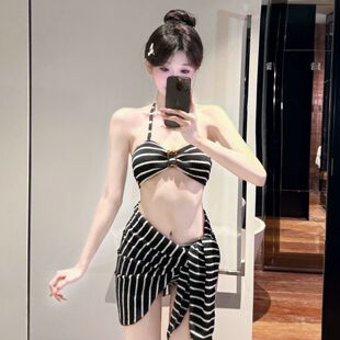 黑白條紋比基尼三件套高級性感小胸海邊度假溫泉泳衣女夏 2025新款