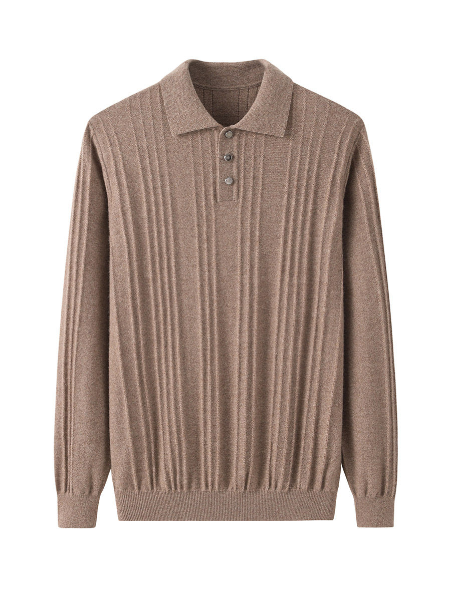 INNER MONGOLIA ORIGIN 100 PURE CASHMERE SWEATER MENS LAPEL VERTICAL STRIPE QUALITY WOOL KNITTED PULLOVER KNITTED SWEATER