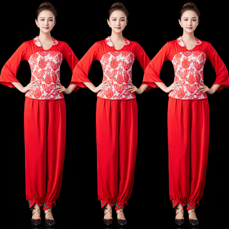江西大红广场舞服装新款套装弹性牛奶丝灯笼裤秧歌舞演出比赛服装