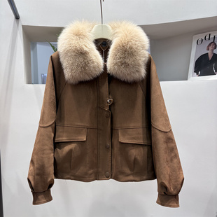 高级感通勤风狐狸毛领短款麂皮绒加厚白鸭绒羽绒服女时尚洋气外套