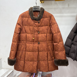 中式复古风立领白鸭绒羽绒服女中长款修身毛领保暖外套冬季新款