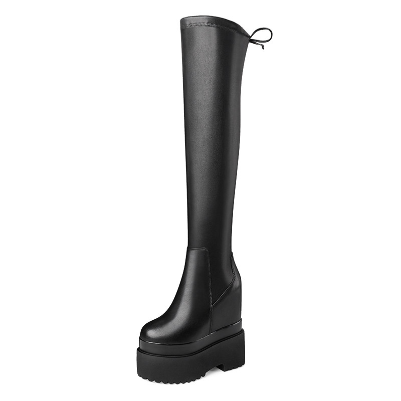 OVER-THE-KNEE BOOTS WOMENS 16CM INNER HEIGHT SMALL SIZE THICK-SOLED WEDGE STRETCH PINE LEATHER BOOTS GENUINE LEATHER SUPER HIGH HEELED BOOTS