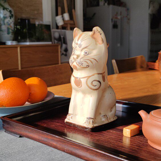 清代磁州窑小猫烛台案头老物件古董陶瓷艺术摆件