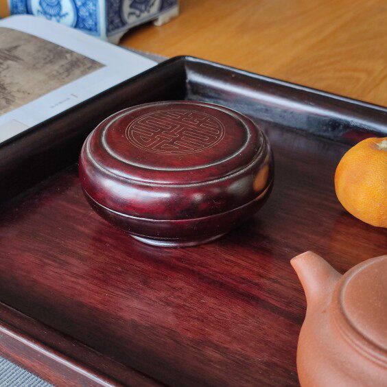 民国江南花梨木嵌银丝双喜盒首饰老物件古董木雕艺术案头摆件