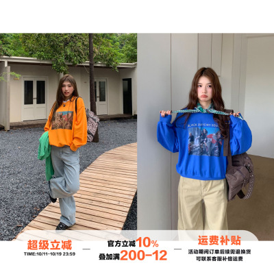 橘子树在哪儿复古印花套头卫衣女