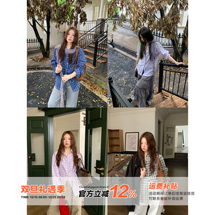 衬衫 橘子树在哪儿韩系格子长袖 秋防晒衬衣外搭宽松上衣 5折款