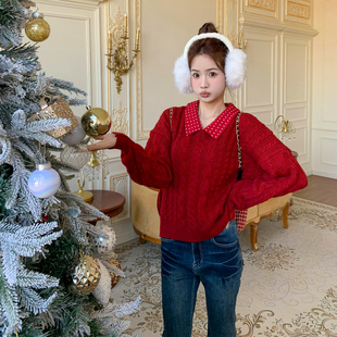橘子树在哪儿新年穿搭红色毛衣冬季女款Polo领假两件本命年针织衫