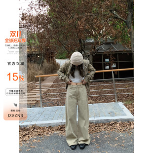 橘子树在哪儿复古卡其色牛仔裤女秋季松弛感遮肉宽松显瘦拖地裤子