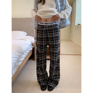 橘子树在哪儿复古拼接腰头格子休闲裤女秋冬遮肉直筒显瘦百搭裤子