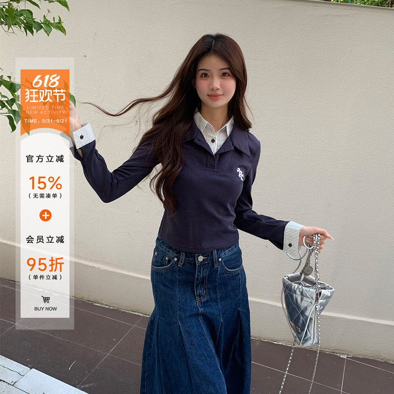橘子树在哪儿假两件polo领长袖t恤女夏季学院风修身显瘦正肩上衣