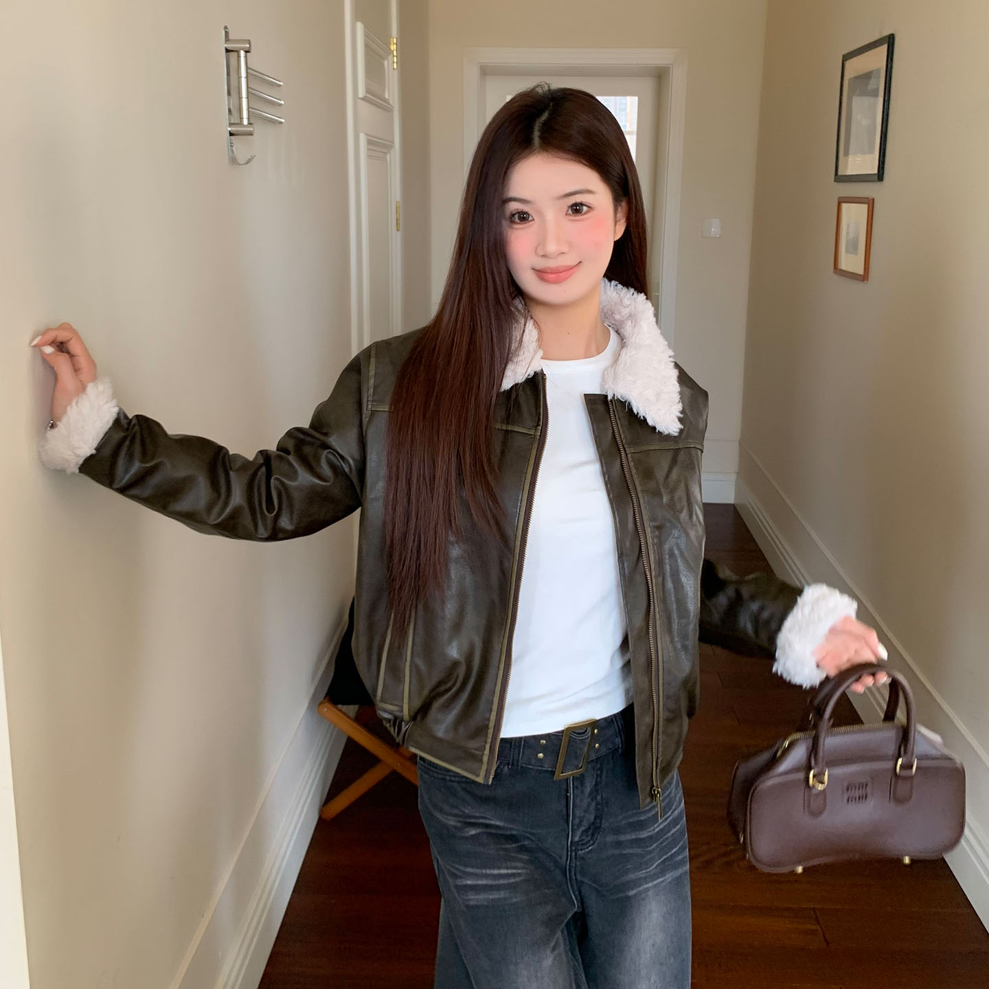 橘子树在哪儿PU皮衣夹棉短外套