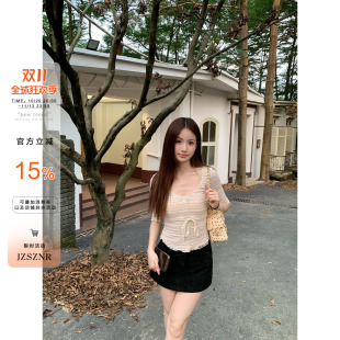 OTee纯欲风蕾丝拼接V领中袖t恤女秋季小众设计感修身显瘦气质上衣