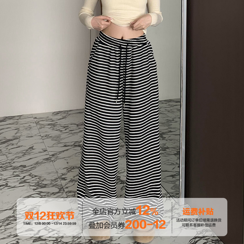 橘子树在哪儿复古条纹直筒休闲裤