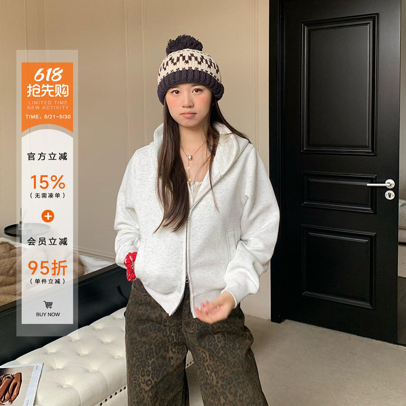 橘子树在哪儿灰色短款连帽卫衣外套女春季款宽松慵懒风双拉链开衫