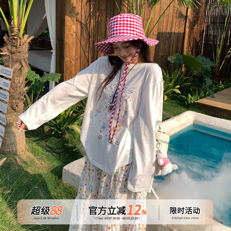 橘子树在哪儿韩系长袖t恤女春季防晒微透罩衫宽松显瘦凉感打底衫