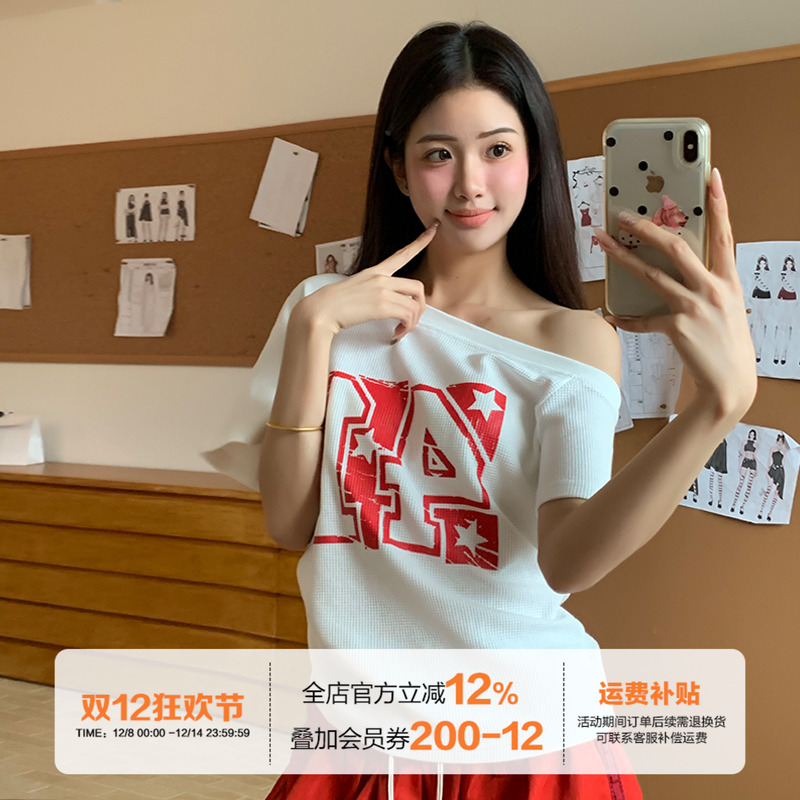 橘子树在哪儿辣妹斜肩短袖t恤女