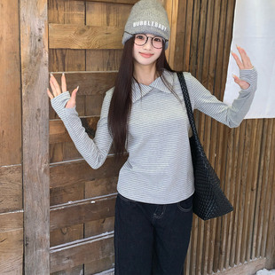 橘子树在哪儿韩系条纹高领长袖t恤女冬季叠穿弹力显瘦内搭打底衫