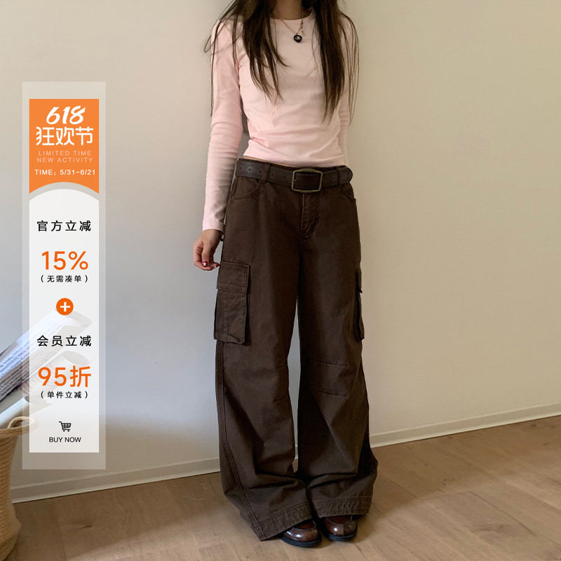 橘子树在哪儿美式复古工装裤女秋季设计感提臀阔腿显瘦大口袋裤子