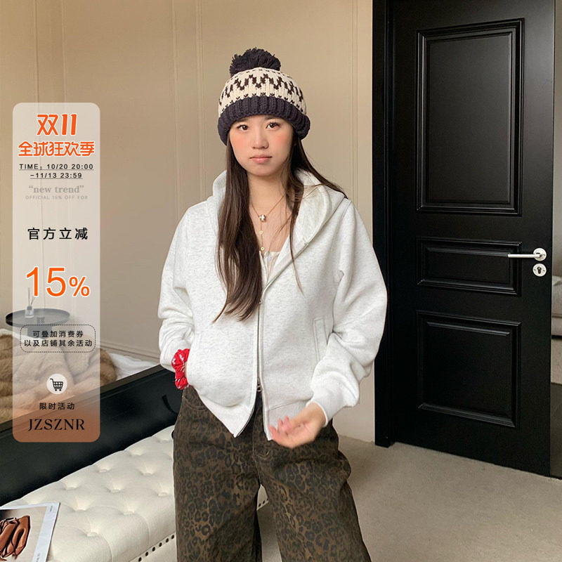 橘子树在哪儿灰色短款连帽卫衣外套女秋季款宽松慵懒风双拉链开衫
