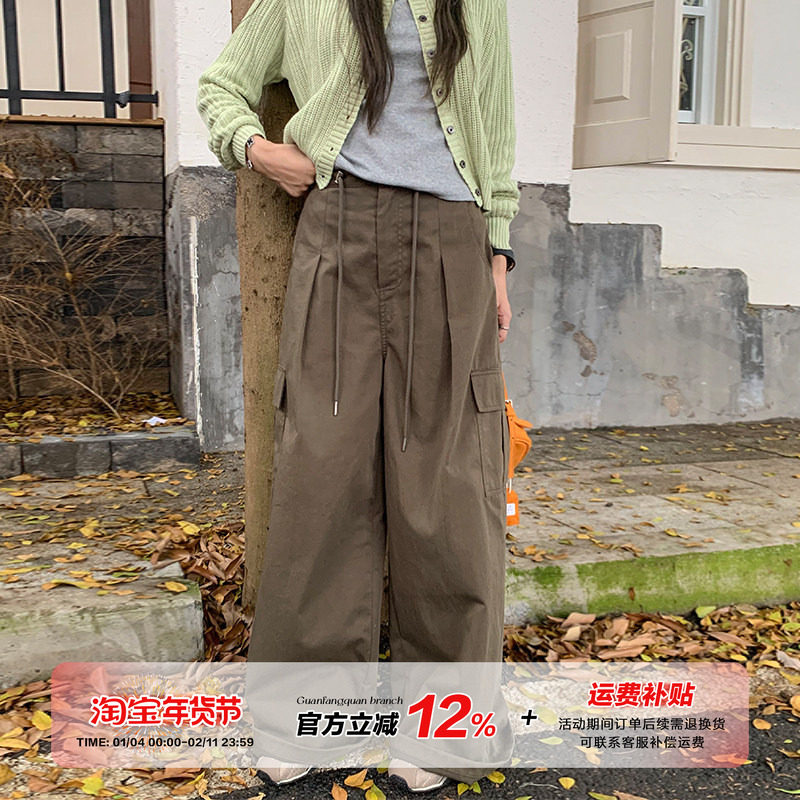 【清仓价】橘子树在哪儿美式复古高腰系带休闲裤女秋大口袋工装裤,女装/女士精品,休闲裤,淘宝优惠券,粉丝福利购,淘宝优惠卷