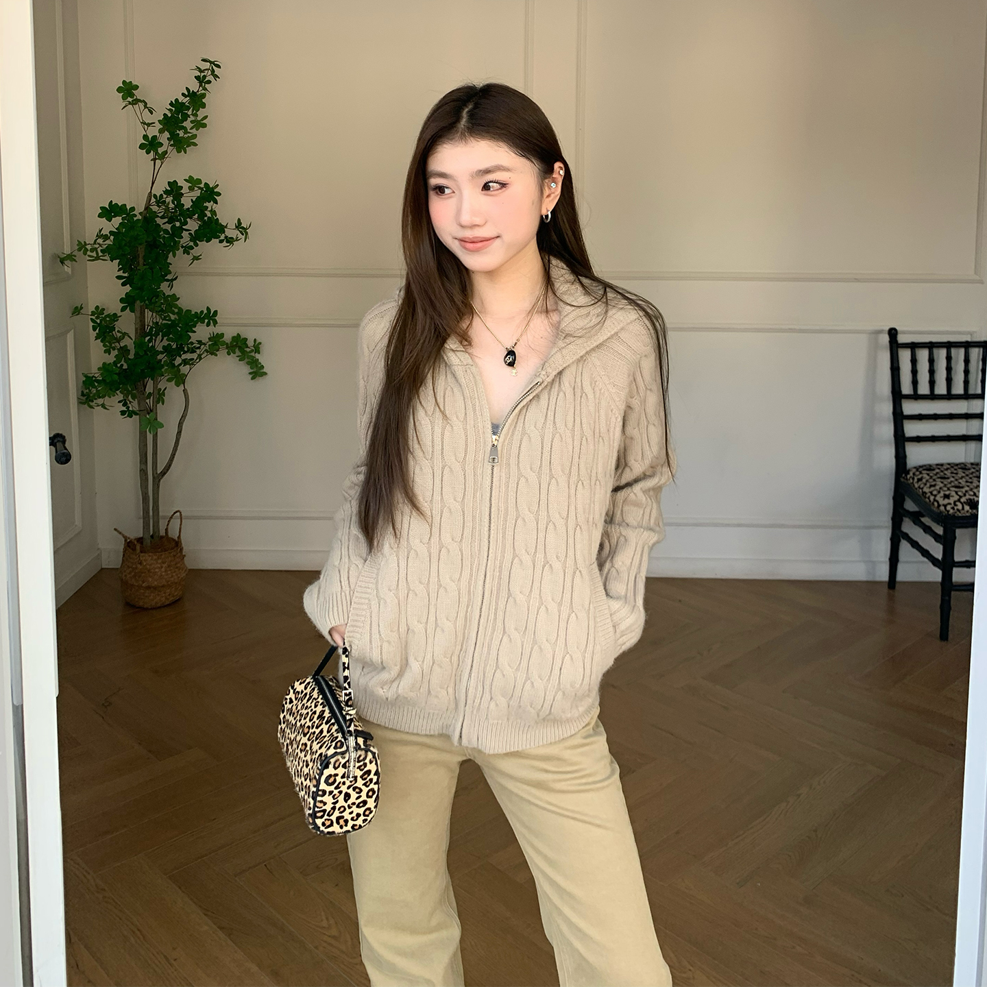 橘子树在哪儿麻花连帽针织开衫女