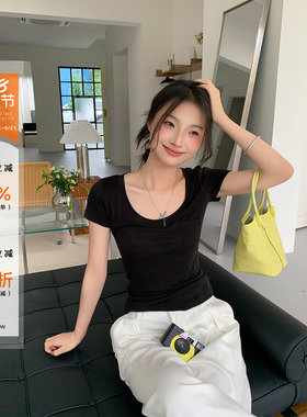 橘子树在哪儿黑色方领短袖t恤女夏季设计感凉感透气弹力显瘦上衣