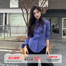 修身 女秋季 橘子树在哪儿韩系蓝色收腰格子衬衫 显瘦上衣 限时价