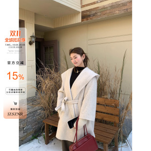 OTee韩系连帽毛呢浴袍大衣女秋冬高级感显瘦气质中长款外套橘子树