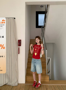 橘子树在哪儿美式复古蓝色牛仔五分裤女夏季宽松直筒百搭显瘦中裤