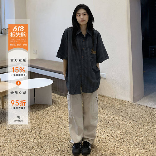 宽松条纹衬衫短袖女夏季
