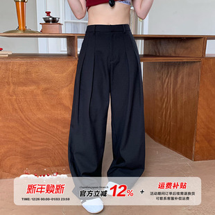 高级感垂感阔腿显瘦直筒裤 女夏季 裤 橘子树在哪儿复古黑色褶皱西装