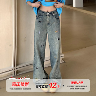 子 设计感直筒百搭水洗裤 橘子树在哪儿复古小狗印花牛仔裤 女春夏款