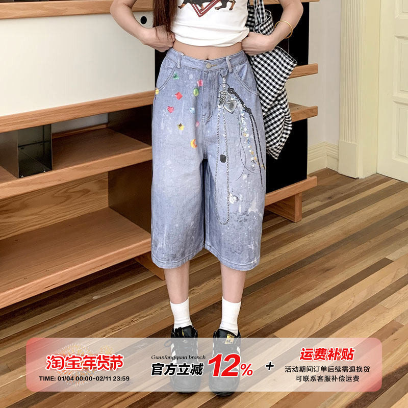 橘子树在哪儿美式复古印花七分牛仔裤女夏季直筒显瘦百搭水洗中裤,女装/女士精品,牛仔裤,淘宝优惠券,粉丝福利购,淘宝优惠卷