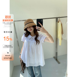 橘子树在哪儿白色娃娃领短袖衬衫女夏季纯棉甜美宽松显瘦小衫上衣
