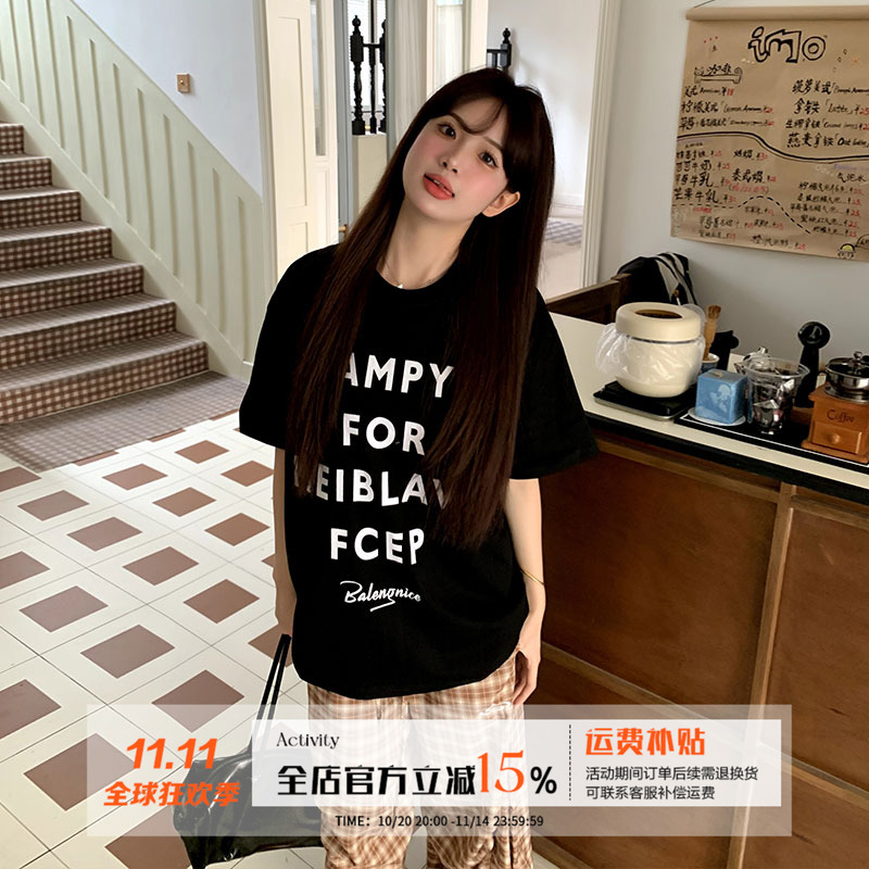 多巴胺穿搭美式双层字母短袖女