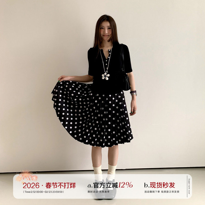 橘子树在哪儿复古波点百褶半身裙女夏季高腰宽松显瘦气质百搭中裙