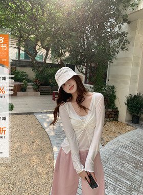 橘子树在哪儿纯欲白色套装女夏大v领扭结罩衫叠穿吊带背心两件套
