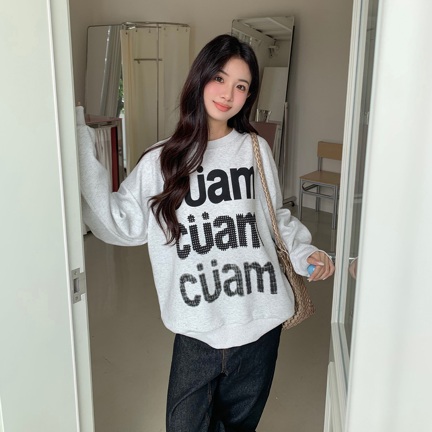 橘子树在哪儿复古印花圆领卫衣女