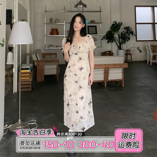 裙子 收腰显瘦气质长款 蝴蝶印花方领连衣裙女夏季 橘子树在哪儿法式