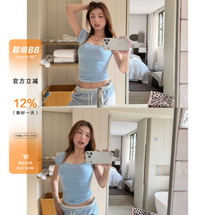 橘子树在哪儿纯色方领瑜伽短袖t恤女夏弹力收腰显瘦百搭半袖上衣