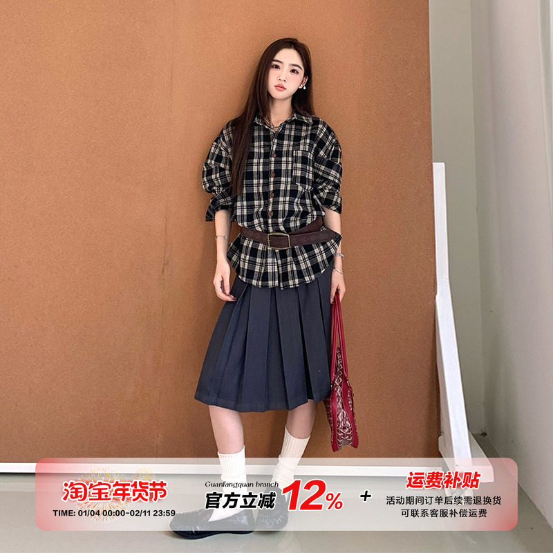 橘子树在哪儿复古格子长袖衬衫女秋季慵懒风通勤外搭宽松休闲衬衣,女装/女士精品,衬衫,淘宝优惠券,粉丝福利购,淘宝优惠卷