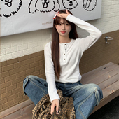 显瘦打底衫 款 百搭纯色上衣 t恤女秋季 橘子树在哪儿纯欲风排扣长袖