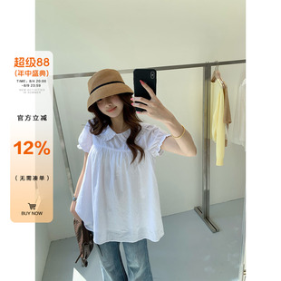 橘子树在哪儿白色娃娃领短袖衬衫女夏季纯棉甜美宽松显瘦小衫上衣