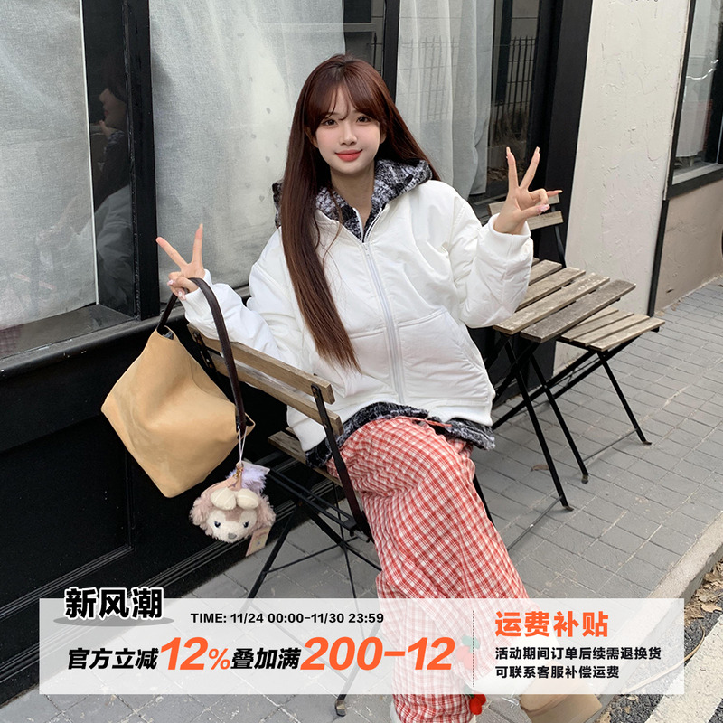 橘子树在哪儿复古格子假两件连帽棉服女秋冬季小众设计感宽松上衣