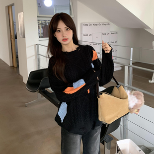 橘子树在哪儿设计感磨破套头毛衣女秋冬宽松慵懒风软糯麻花针织衫