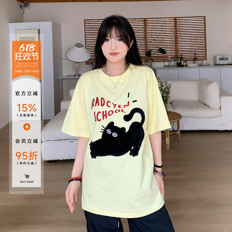 橘子树在哪儿伸懒腰猫咪字母短袖T恤女夏季宽松休闲百搭情侣上衣