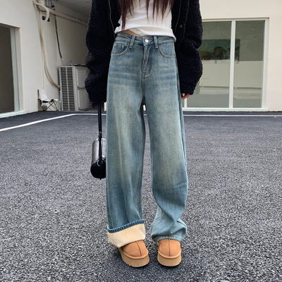 橘子树在哪儿复古做旧加绒牛仔裤