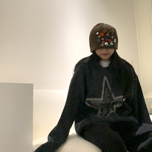 橘子树在哪儿美式 上衣 做旧五角星连帽卫衣女春季 宽松复古软糯帽衫