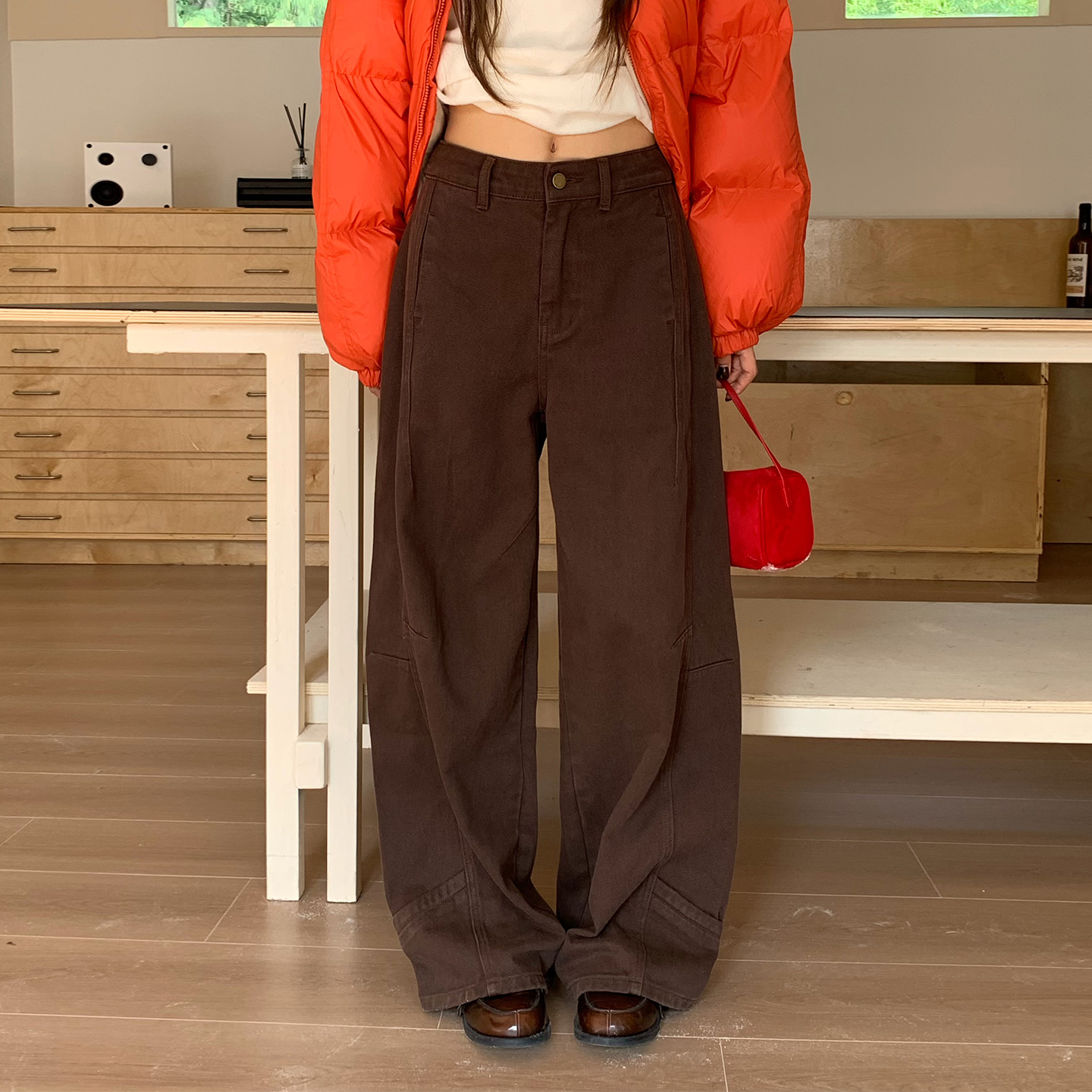 橘子树在哪儿复古棕色拼接牛仔裤