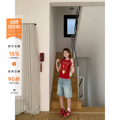 橘子树在哪儿美式复古蓝色牛仔五分裤女夏季宽松直筒百搭显瘦中裤